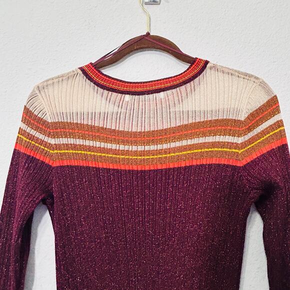 Zara Ribbed Knit Shimmer Sweater Dress Metallic Bell Sleeves Long Burgundy Large - Picture 6 of 12
